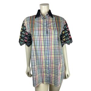 MARCO de VINCENZO Plaid Embellished Shirt 6 Studded Button Front Short Sleeve 42
